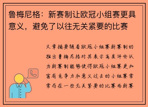 鲁梅尼格：新赛制让欧冠小组赛更具意义，避免了以往无关紧要的比赛